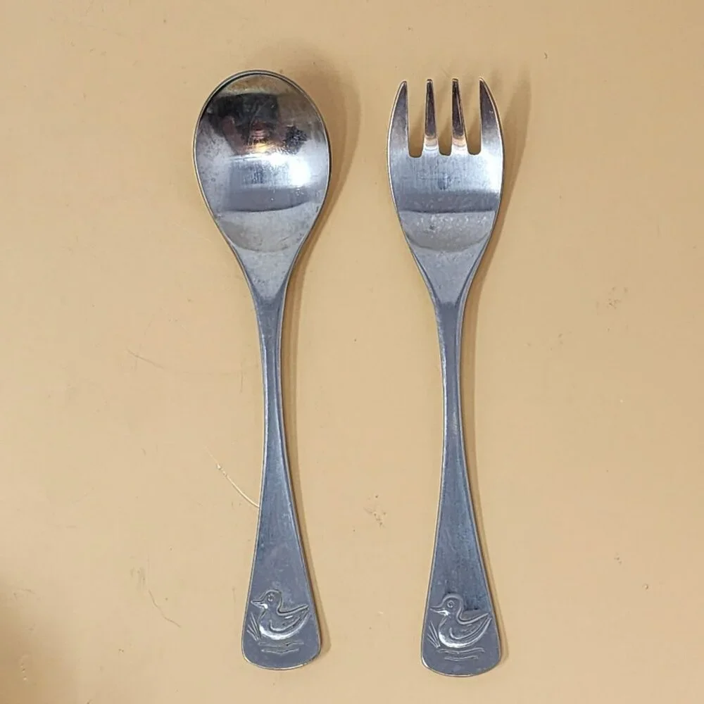 Vintage Selandia  Japan Stainless Steel Childs Fork & Spoon Set With Duck Design